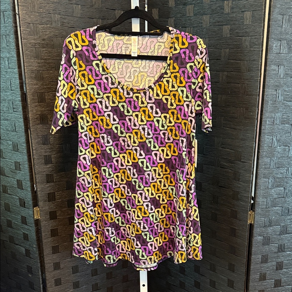 LuLaRoe Short Sleeve Top with Purple, Yellow, and Black Pattern the Perfect T